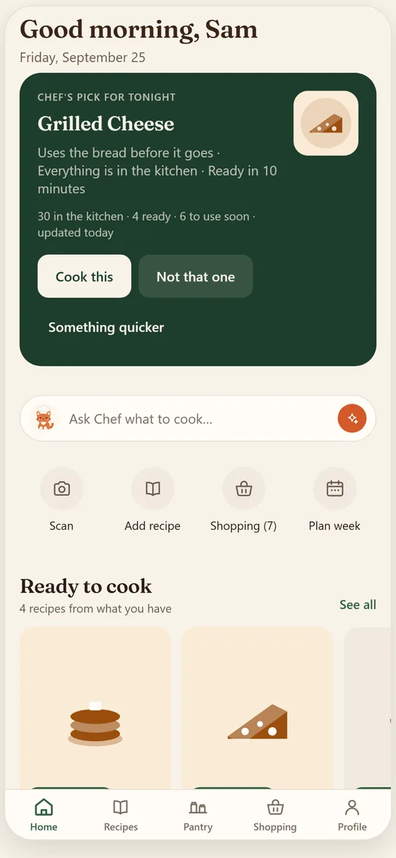 The Home screen: Chef's pick for tonight is Grilled Cheese, which uses the bread before it goes