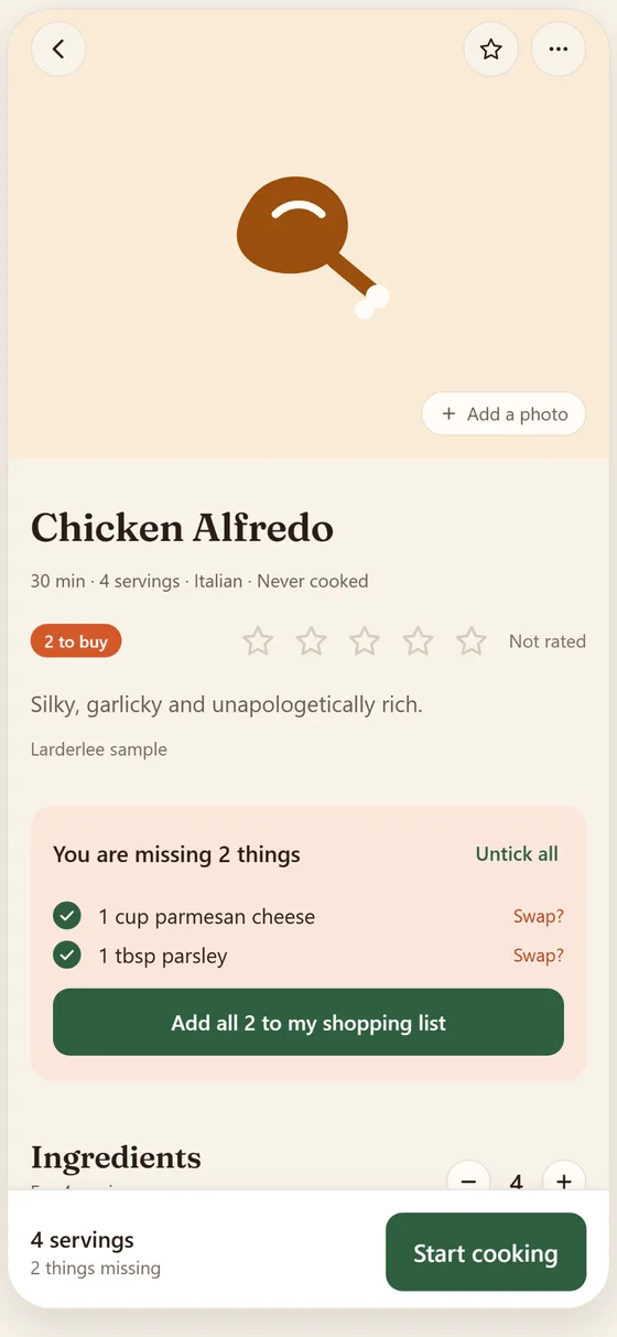 A recipe that says you are missing two things, with a button to add them to the shopping list