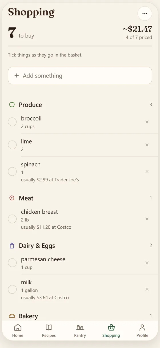 A shopping list grouped by aisle, with what each thing usually costs and where